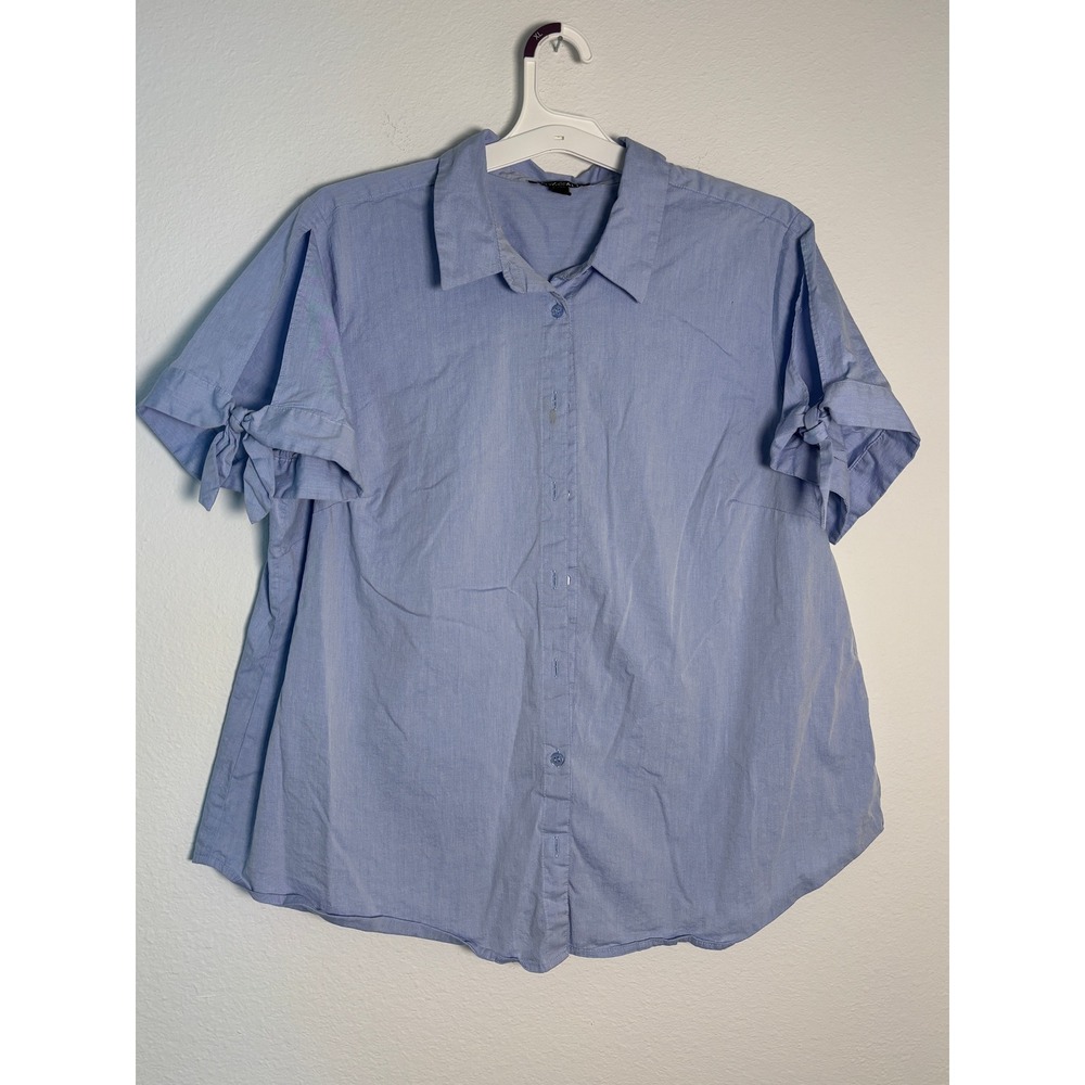 Roz & Ali Womens‎ 2X Blue Short Sleeve Tie Cuff Button Down Shirt Chambray Top
